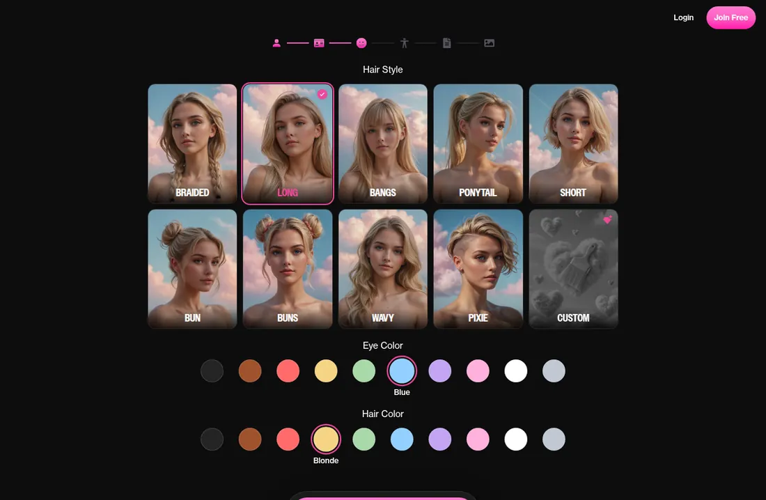 OurDream-Charaktereditor mit Optionen für Haare, Augen und weitere Details